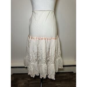 Women’s Vintage Handmade Hand Sewn 60s 70s Lace Pink Ivory Flowy Midi Skirt